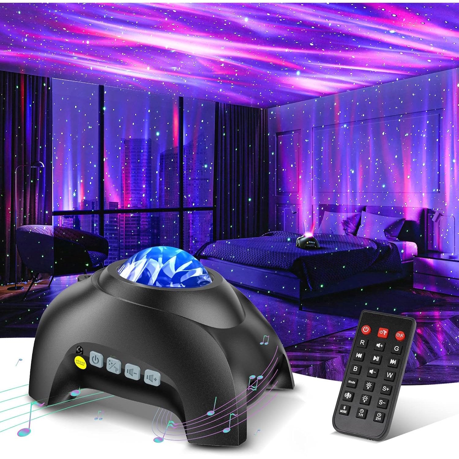 Aurora Galaxy Projector device shown on a desk next to its remote control, casting purple and pink aurora light with stars onto the bedroom walls and ceiling behind