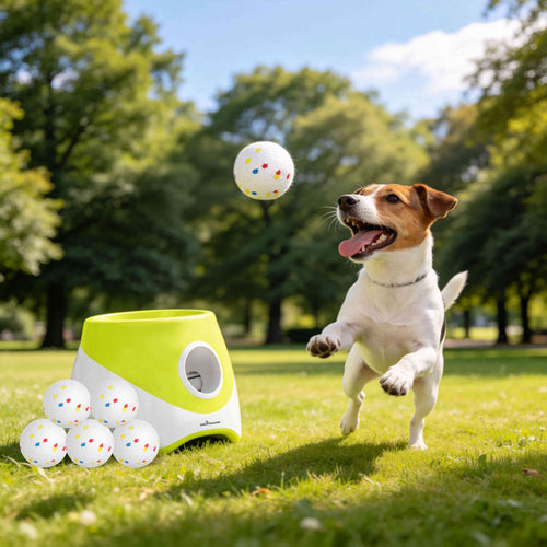 Dog leaping to catch a ball in a sunny field next to the automatic ball launcher