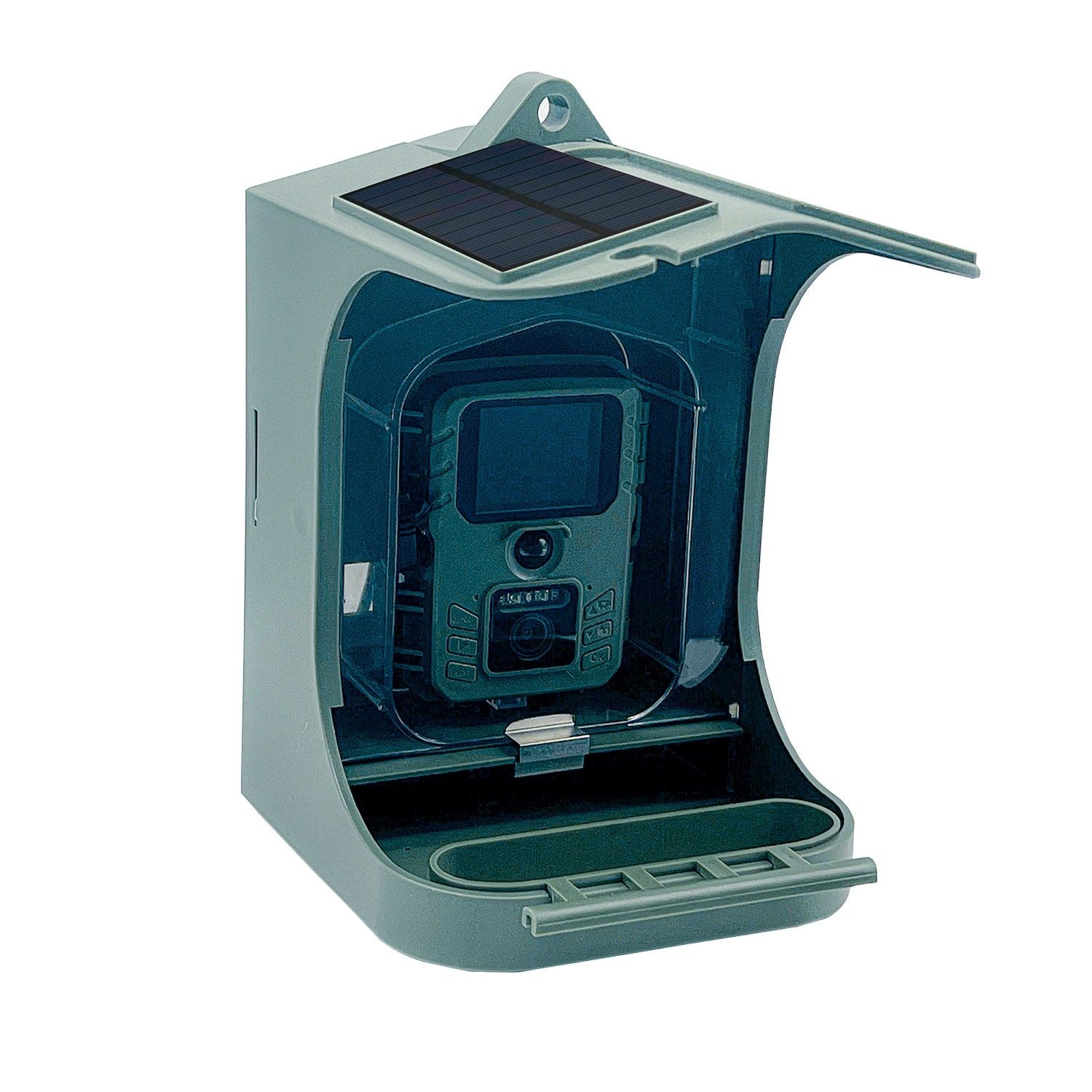 Bird feeder front view with solar panel roof and integrated camera lens