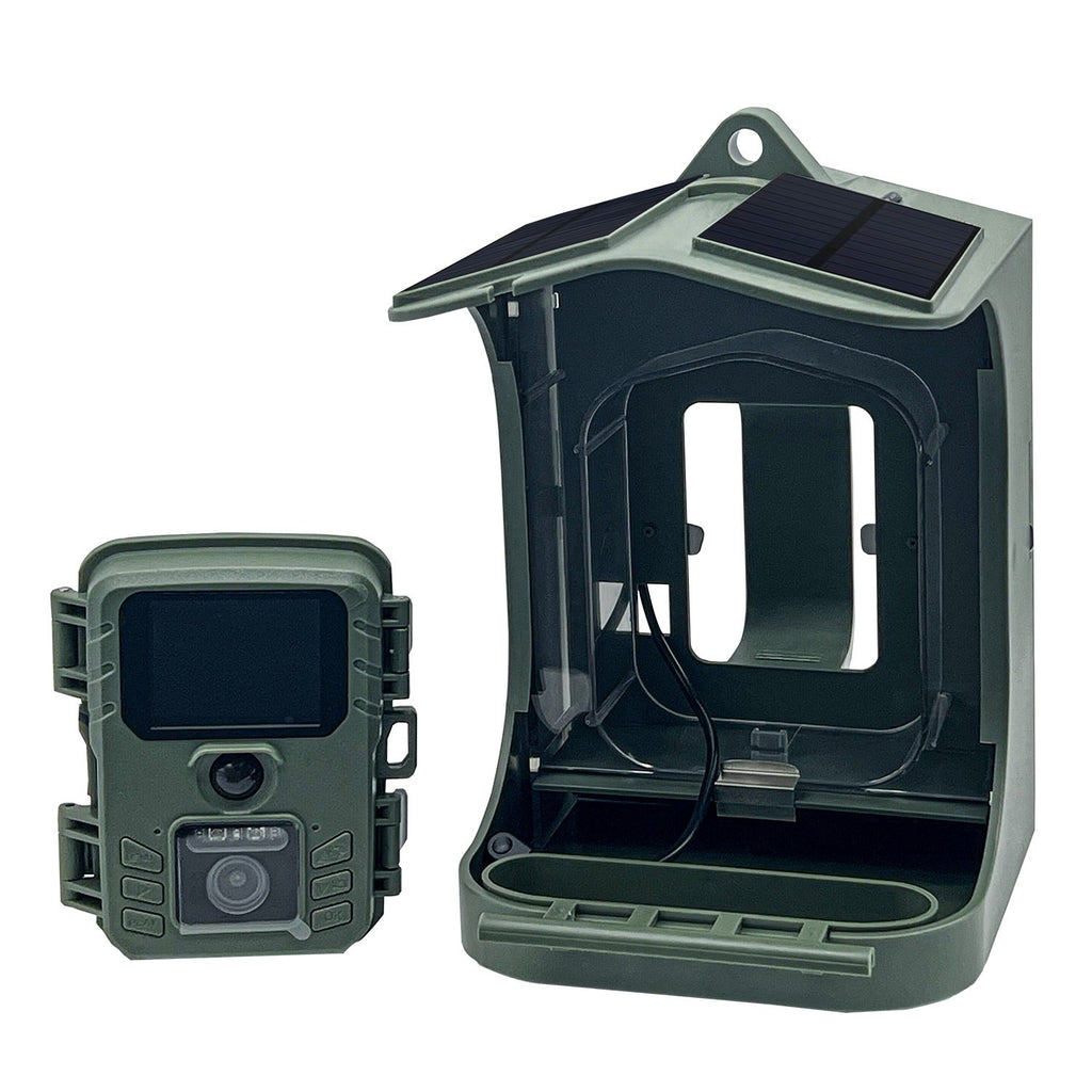 Bird feeder with removable trail camera shown beside the green housing