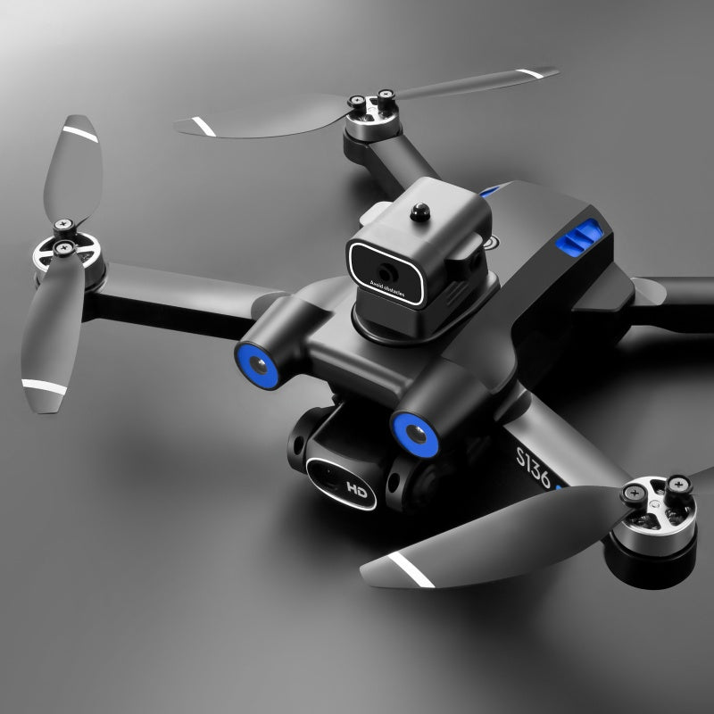 Foldable GPS camera drone unfolded, three-quarter view