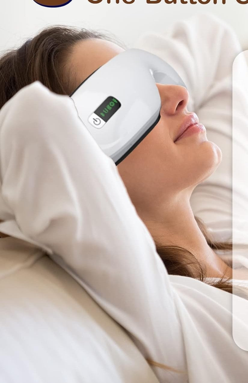 Woman reclining with smart eye massager during evening wind-down ritual