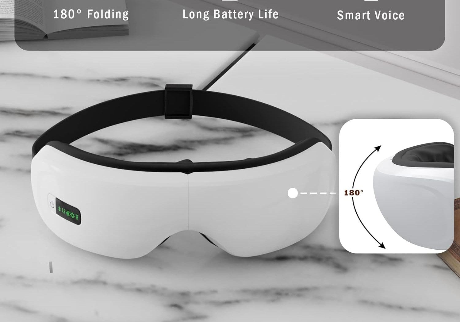 Smart eye massager packshot showing 5 mode display panel and adjustable strap