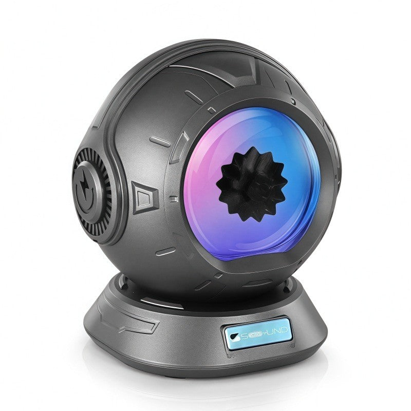 Ferrofluid Bluetooth speaker in graphite gray with the RGB-lit ferrofluid visualizer