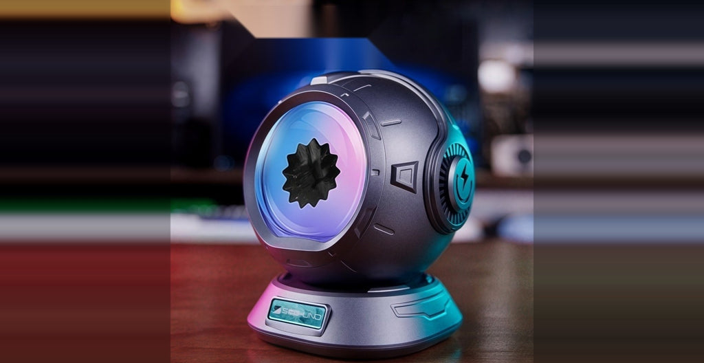 Ferrofluid Bluetooth speaker glowing on a desk, the magnetic liquid spiking to the music