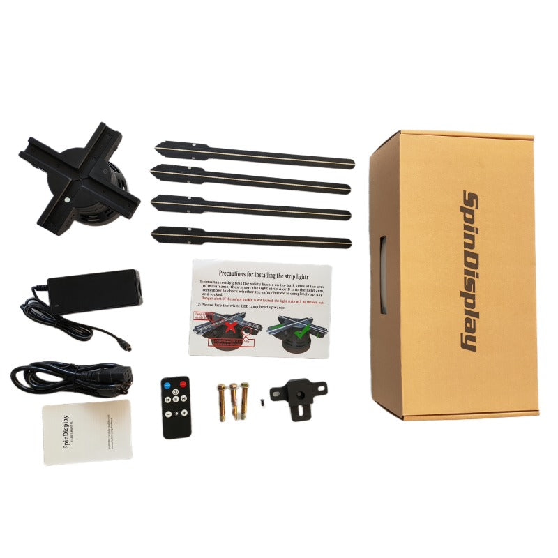 3D hologram fan kit contents: four LED arms, power adapter, remote control and mounting hardware in the box