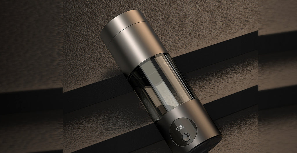 Hydrogen water bottle resting on premium leather in a light-luxury still life