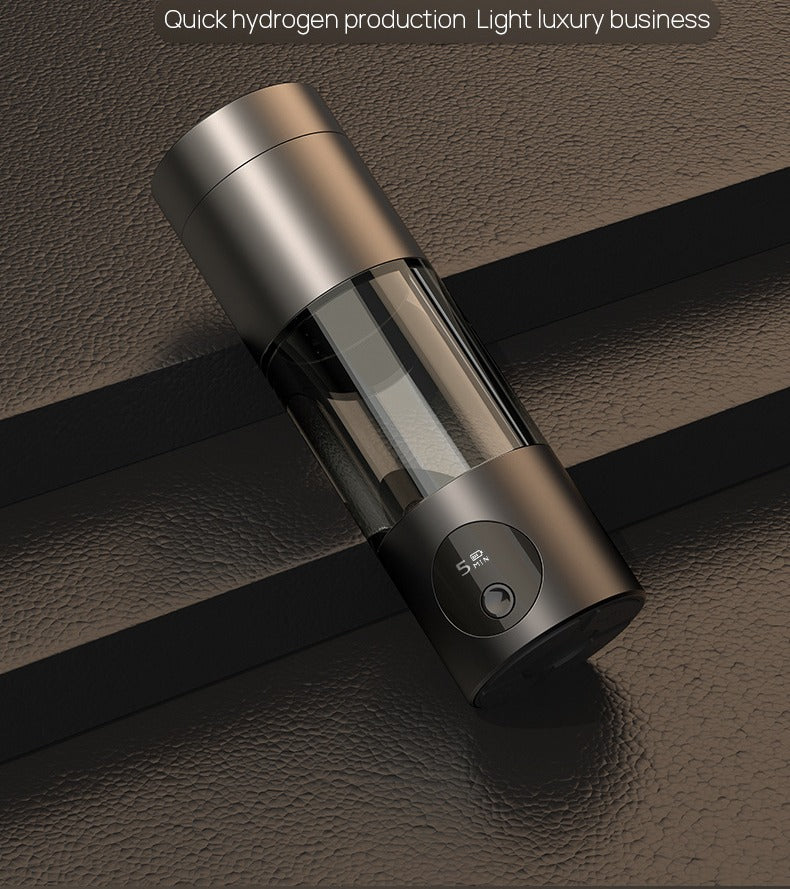 Hydrogen water bottle on premium dark leather lifestyle composition