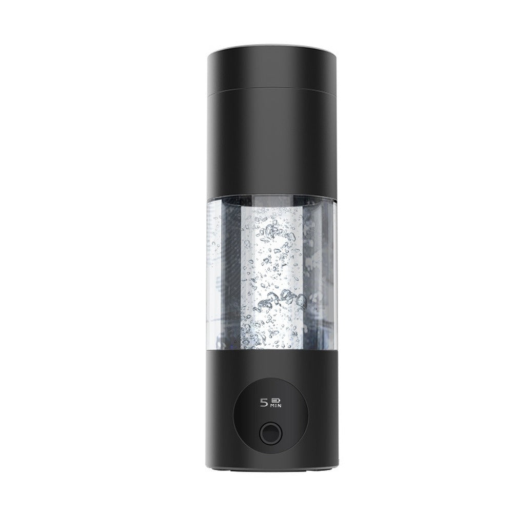 Hydrogen water bottle packshot showing electrolysis chamber with hydrogen bubbles and OLED 5-minute display