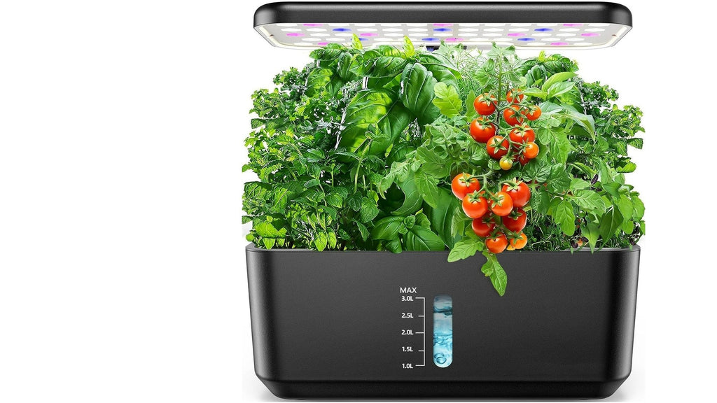 Countertop indoor hydroponic garden with a full-spectrum LED grow light, water level window, growing basil, kale and cherry tomatoes from stacked pods