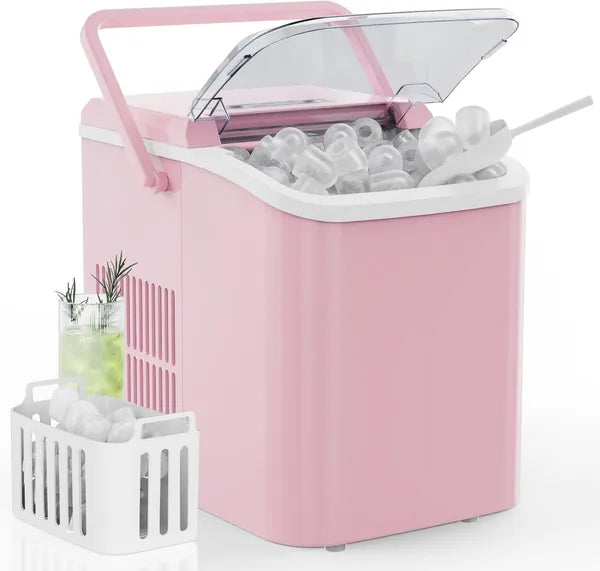 Portable Countertop Ice Maker in soft pink — lifestyle packshot with the carry handle visible, basket of bullet ice cubes alongside, and a green herb-garnished cocktail.