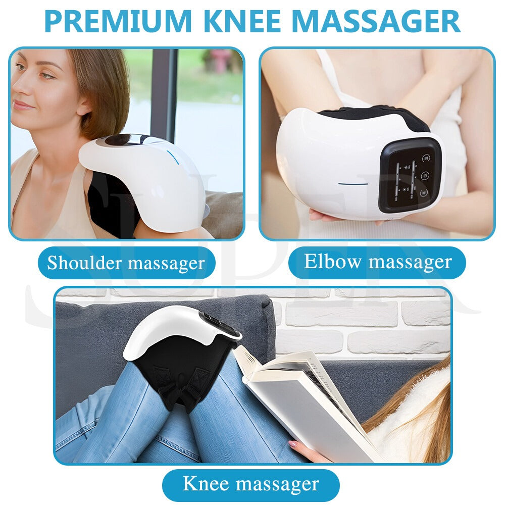 Three use cases of the Smart Knee Massager — shoulder, elbow, and knee — shown in a single product overview.