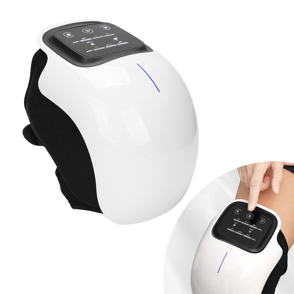 Smart Knee Massager product close-up showing the white ABS shell, HD touchscreen, blue indicator strip, and black velcro mesh strap.