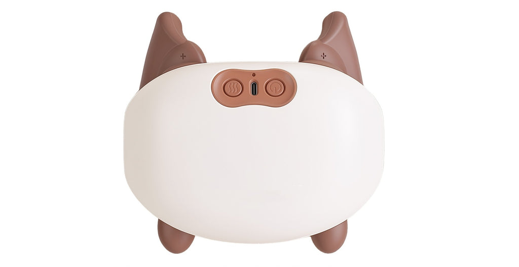 Top-down packshot of cordless shiatsu neck massager on white banner background