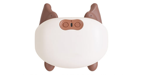 Top-down packshot of cordless shiatsu neck massager on white banner background