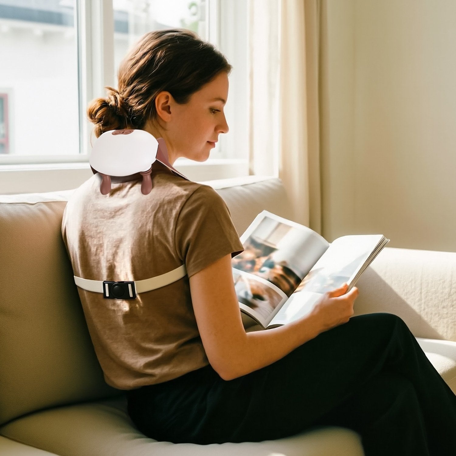 Woman seated by window reading a magazine while neck massager works on her shoulders