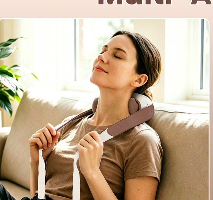 Woman reclining on a couch with shiatsu massager on the back of her neck