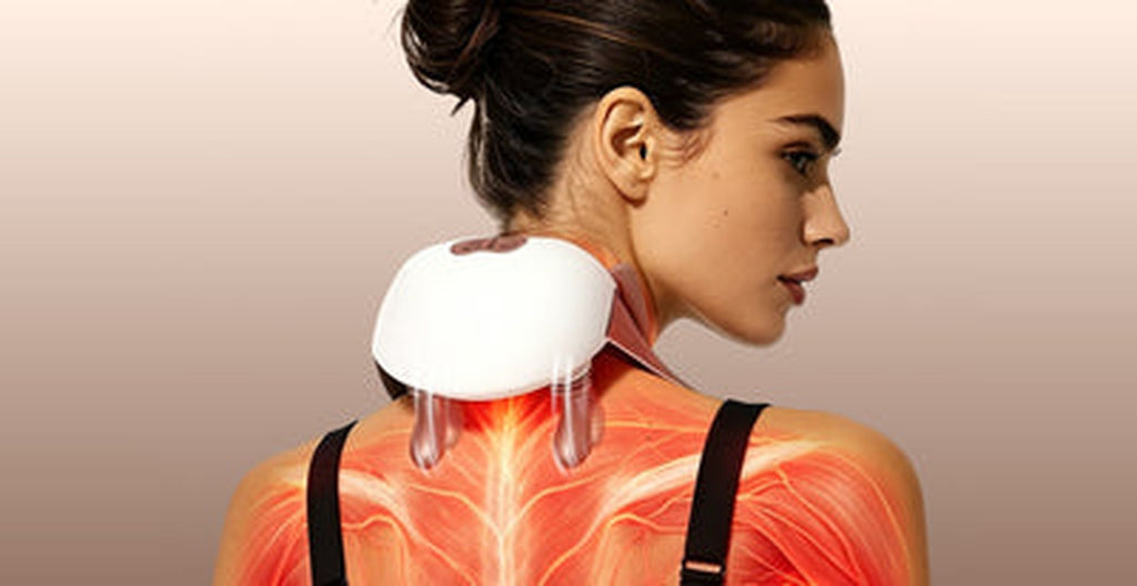 Woman with cordless shiatsu neck massager showing muscle relief heatmap visualization on shoulders and upper back