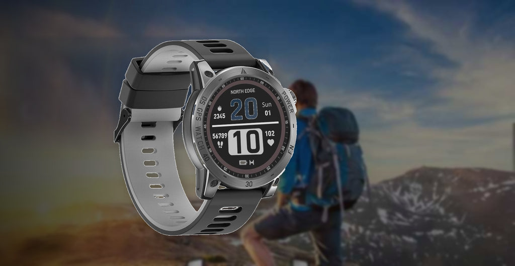 NORTH EDGE Cross Fit 3 GPS sport watch shown against a mountain ridge at sunset with a backpacker hiking outdoors
