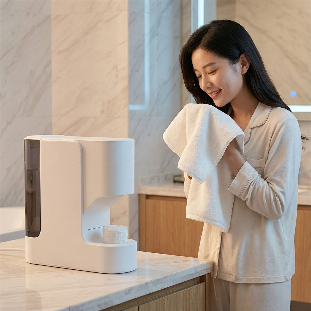 Hot Towel Oshibori Dispenser on a marble bathroom counter — a woman in cream pajamas presses a freshly steamed cotton towel to her face, smiling, the dispenser beside her on the vanity.