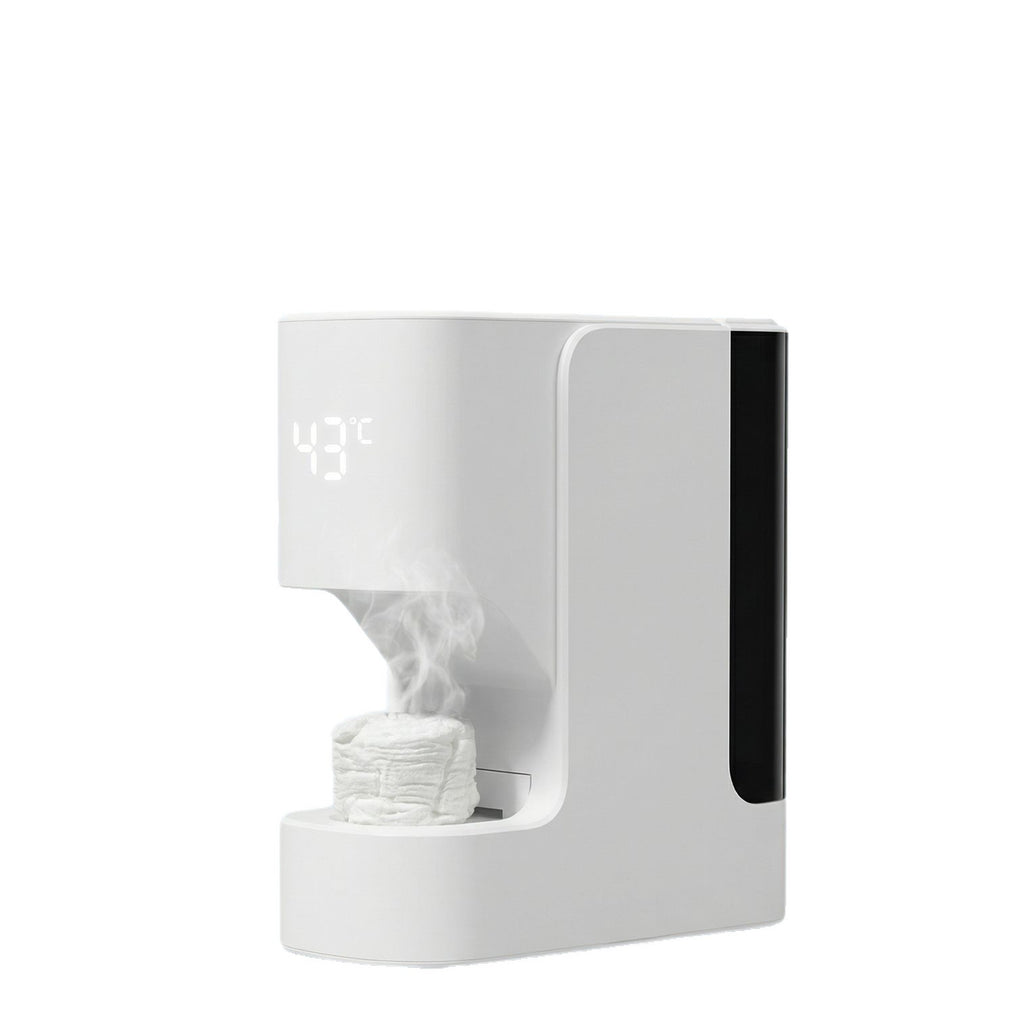 Hot Towel Oshibori Dispenser — side packshot on white background showing the digital display reading 43°C, the dark side panel, the dispense tray with a folded steaming towel.