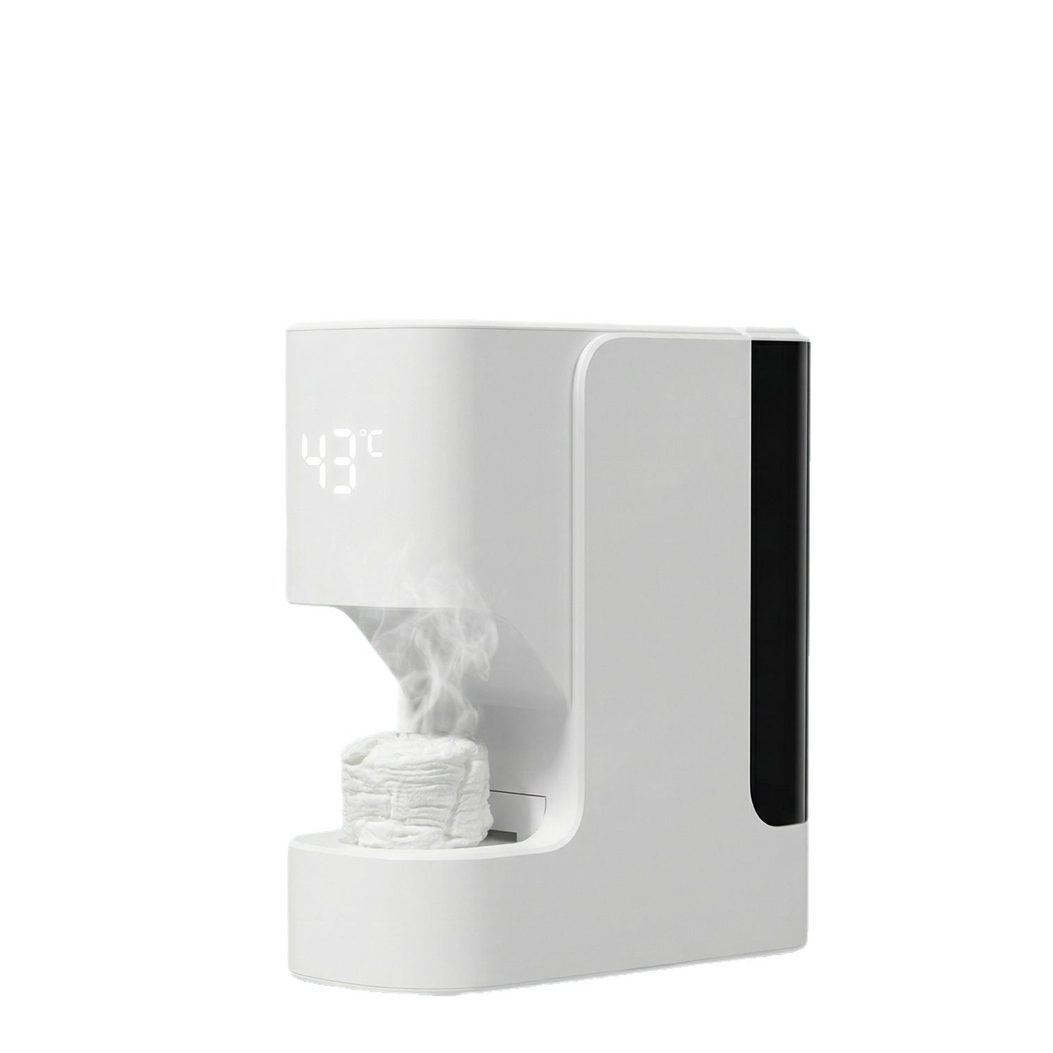 Hot Towel Oshibori Dispenser — side packshot on white background showing the digital display reading 43°C, the dark side panel, the dispense tray with a folded steaming towel.