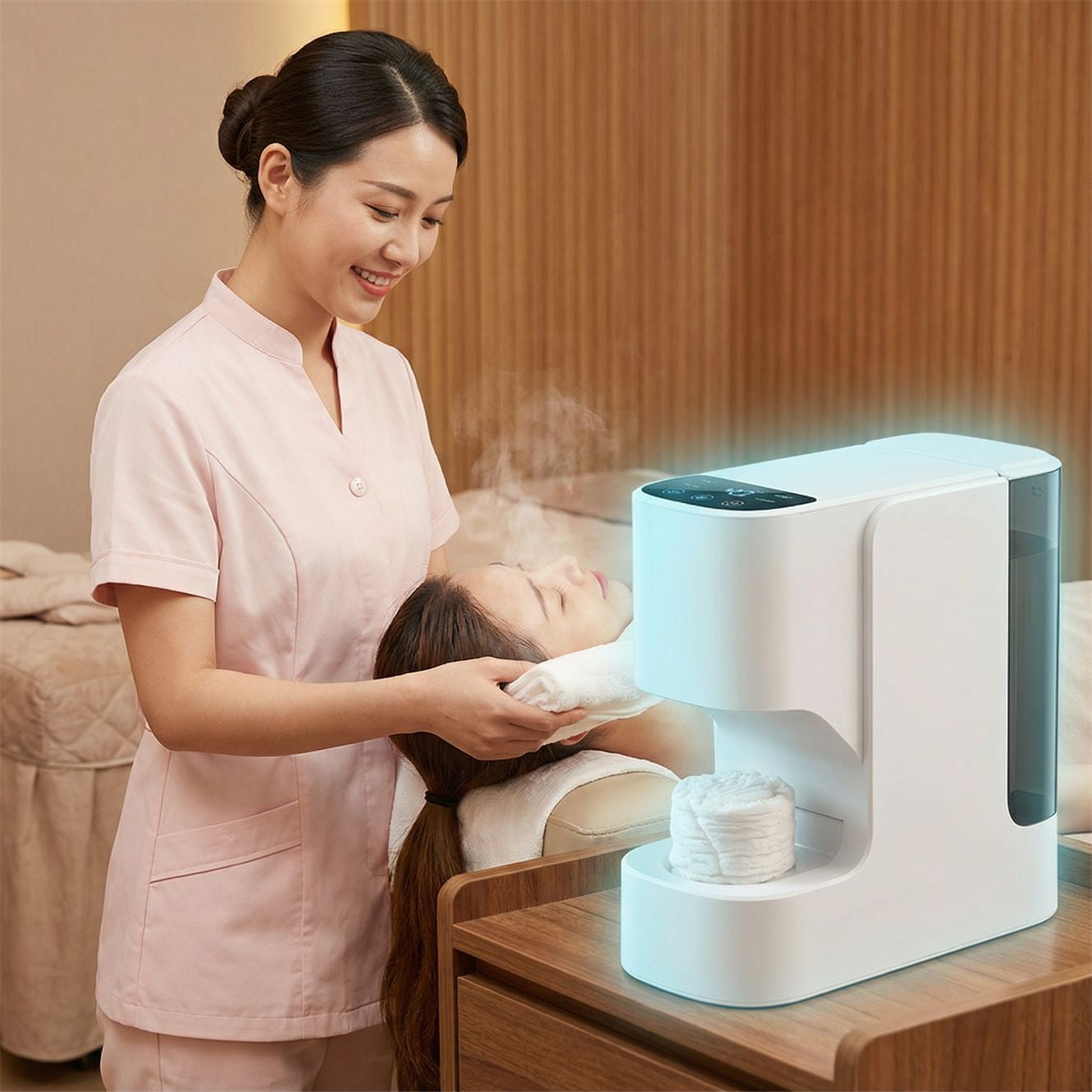 Hot Towel Oshibori Dispenser in a spa setting — a therapist in pink uniform places a hot towel on a reclined client's neck, the dispenser steaming on the wooden side table.
