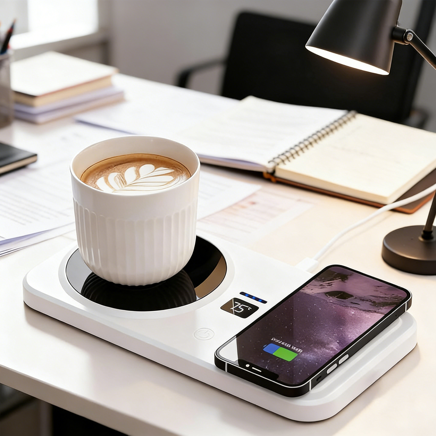 Smart Mug Warmer with Wireless Charging on a desk — a ceramic mug with latte art sits on the heating coaster side at 75°C while a smartphone charges wirelessly on the Qi pad side, with a desk lamp, notebook and papers in the background