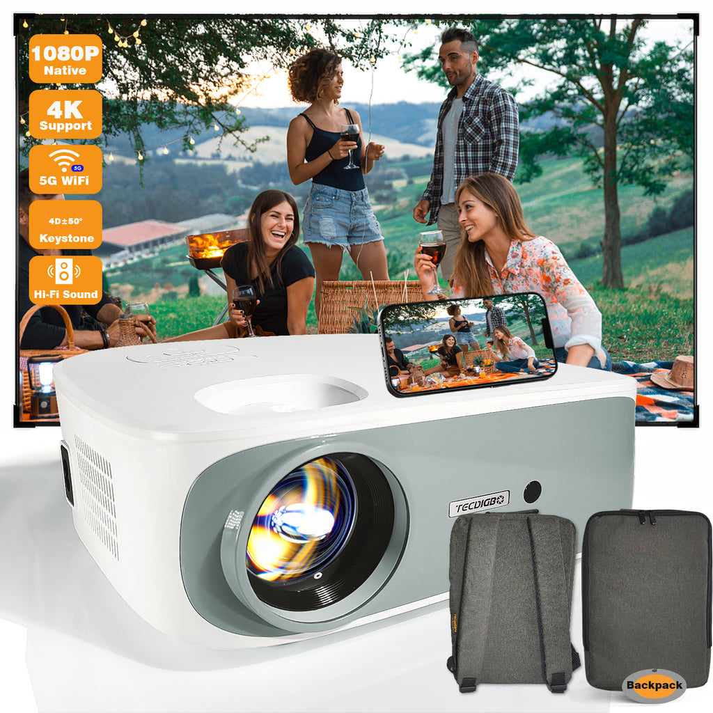 Friends watching a film outdoors on a large screen from the portable projector
