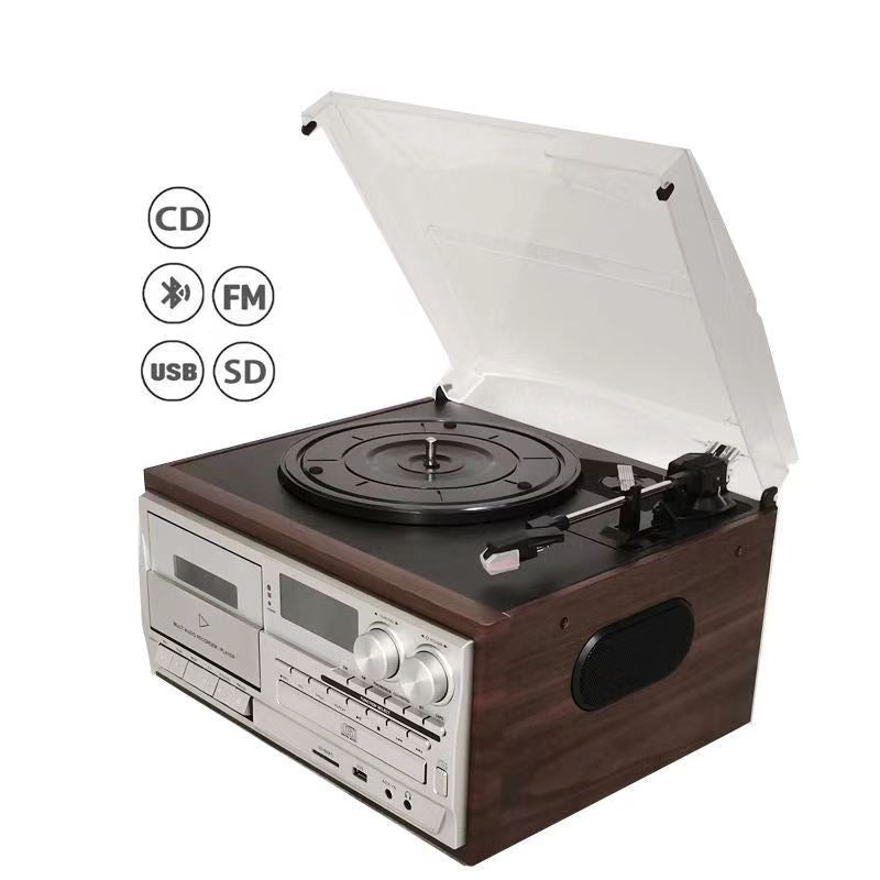 Vintage turntable with CD, Bluetooth, FM, USB and SD playback icons