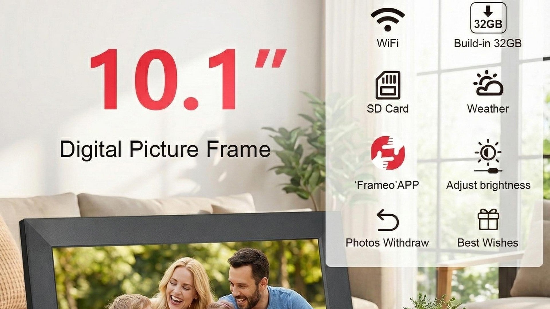 Smart WiFi digital photo frame 10.1 inch with black bezel displaying a family of four (mom, dad, son, daughter) sitting on a picnic blanket outdoors, with WiFi/32GB/Frameo APP/SD Card/Weather feature icons overlay