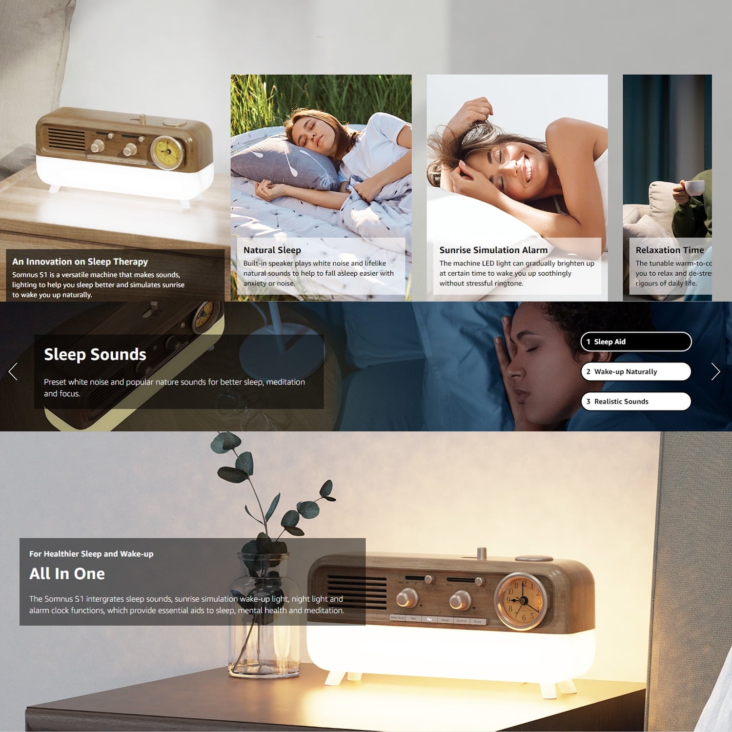 Linkpin Somnus S1 vintage sleep sound machine on a wooden nightstand next to a person sleeping in bed, with sunrise simulation alarm and ambient warm light — official Linkpin marketing showing the product in real bedroom use
